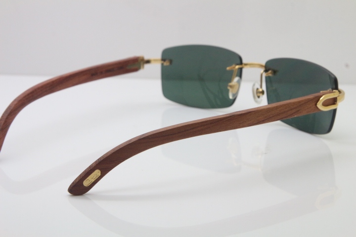 Wholesale High-end brand Cartier 3524012 Rimless Wood Sunglasses Carved Wood Trimming Lens in Gold Brown Lens Hot Size：56