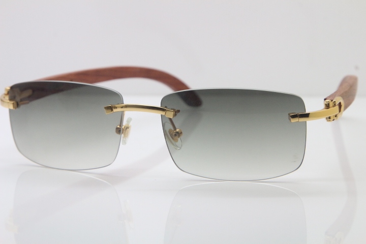 Wholesale High-end brand Cartier 3524012 Rimless Wood Sunglasses Carved Wood Trimming Lens in Gold Brown Lens Hot Size：56