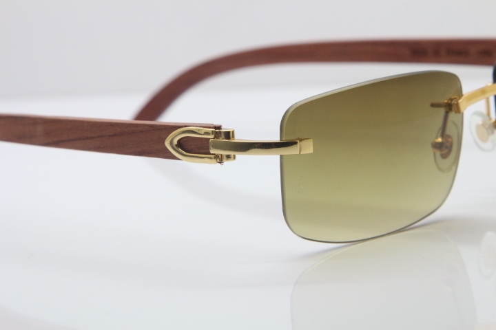 Wholesale High-end brand Cartier 3524012 Rimless Wood Sunglasses Carved Wood Trimming Lens in Gold Brown Lens Hot Size：56