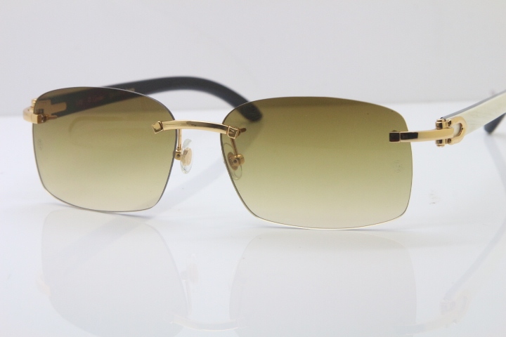 Cartier Rimless 8200759 Original White Inside Black Buffalo Horn Sunglasses in Gold Brown Lens