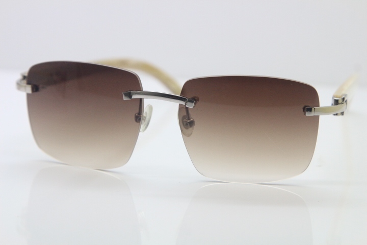 Cartier T8300816 Rimless Original White Genuine Natural Horn Sunglasses in Gold Brown Lens Hot