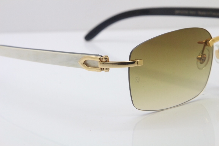 Cartier Rimless 8200759 Original White Inside Black Buffalo Horn Sunglasses in Gold Brown Lens