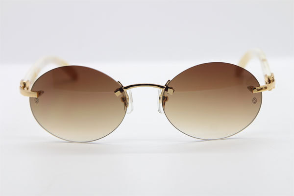 Cartier CT 5124018 18K Gold Rimless White Genuine Natural Sun Glasses Buffalo Horn Sunglasses in Gold Brown Lens Hot