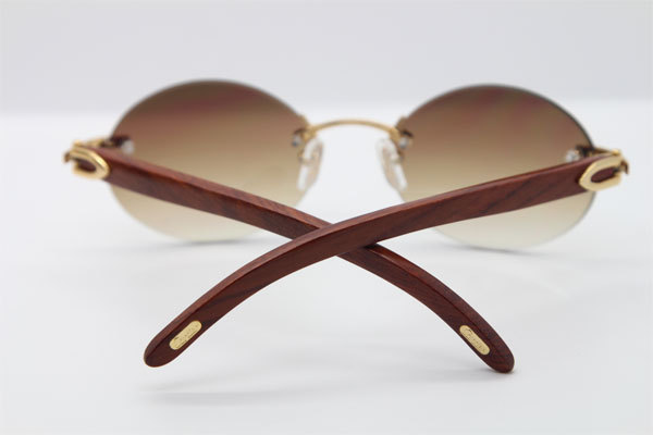 Cartier CT 5124018 18K Gold Rimless Carved Wood Trimming Lens Sun Glasses Wood Sunglasses in Gold Brown Lens Hot