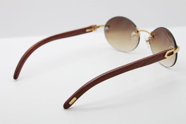 Cartier CT 5124018 18K Gold Rimless Carved Wood Trimming Lens Sun Glasses Wood Sunglasses in Gold Brown Lens Hot