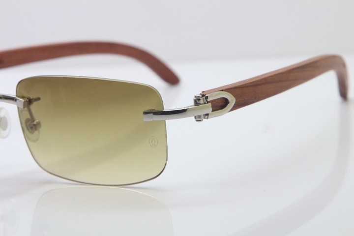 Wholesale High-end brand Cartier 3524012 Rimless Wood Sunglasses Carved Wood Trimming Lens in Gold Brown Lens Hot Size：56