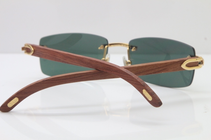 Wholesale High-end brand Cartier 3524012 Rimless Wood Sunglasses Carved Wood Trimming Lens in Gold Brown Lens Hot Size：56