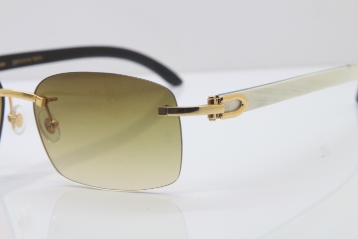 Cartier Rimless 8200759 Original White Inside Black Buffalo Horn Sunglasses in Gold Brown Lens