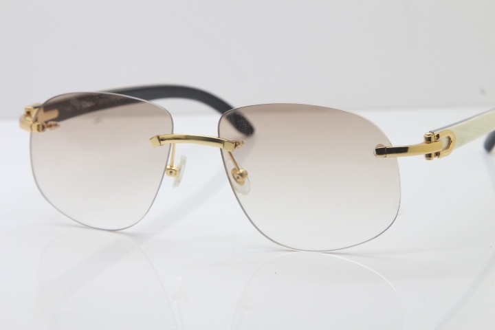 Wholesale High-end brand Cartier T8100928 Rimless Black Mix White Buffalo Horn Sunglasses in Gold Brown Lens Hot