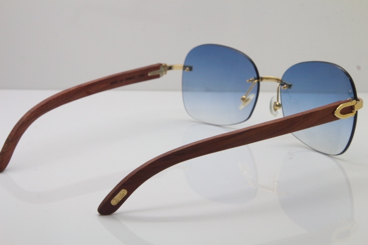 Wholesale High-end brand Carter T8100907 Original Rimless Carved Wood Trimming Lens T8100908 Sunglasses In Gold Brown Lens