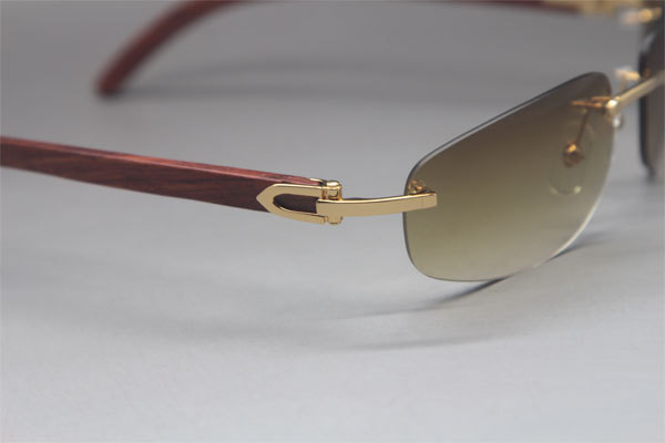 Cartier 3524011 Rimless Carved Wood Trimming Lens Sunglasses in Gold Brown Lens Hot