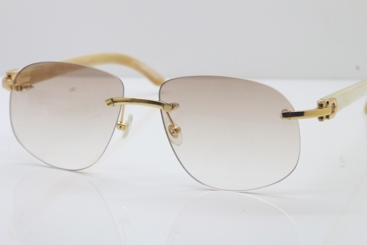 Wholesale High-end brand Cartier T8100928 Rimless Original White Buffalo Horn Sunglasses in 18K Gold Brown Lens Hot