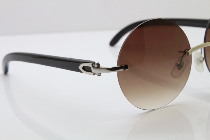 Round Hot Brand Hot CT3524012 Rimless Black Buffalo Horn Sunglasses in Gold Brown Lens Size:57
