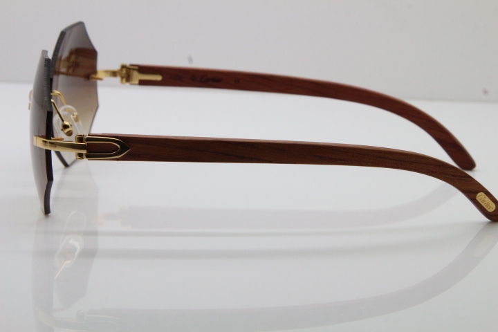 Hot Cartier 4189706 Rimless Carved Wood Trimming Lens Sunglasses in Gold Brown Lens