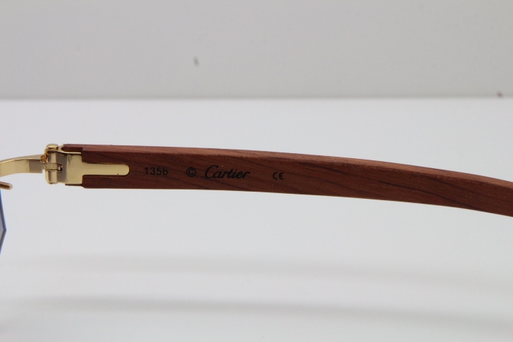 Hot Cartier 4189706 Rimless Carved Wood Trimming Lens Sunglasses in Gold Brown Lens