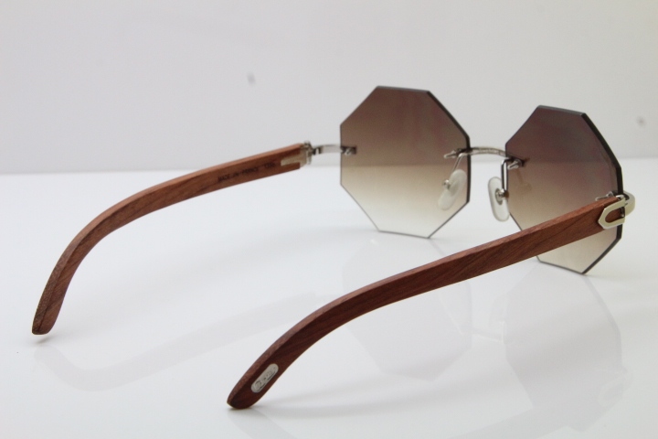 Hot Cartier 4189706 Rimless Carved Wood Trimming Lens Sunglasses in Gold Brown Lens