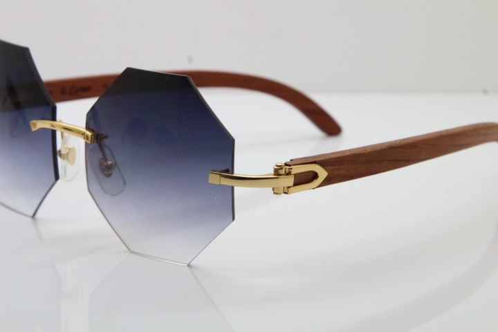 Hot Cartier 4189706 Rimless Carved Wood Trimming Lens Sunglasses in Gold Brown Lens