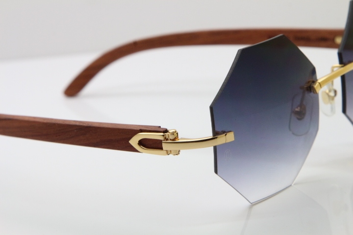 Hot Cartier 4189706 Rimless Carved Wood Trimming Lens Sunglasses in Gold Brown Lens