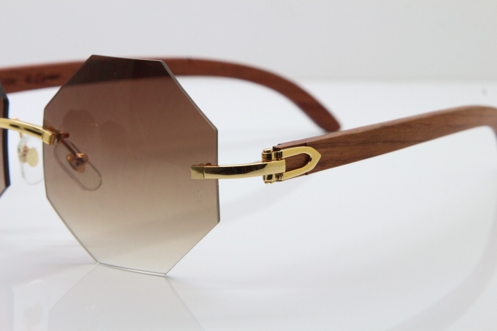 Hot Cartier 4189706 Rimless Carved Wood Trimming Lens Sunglasses in Gold Brown Lens
