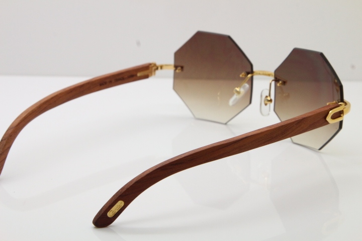 Hot Cartier 4189706 Rimless Carved Wood Trimming Lens Sunglasses in Gold Brown Lens