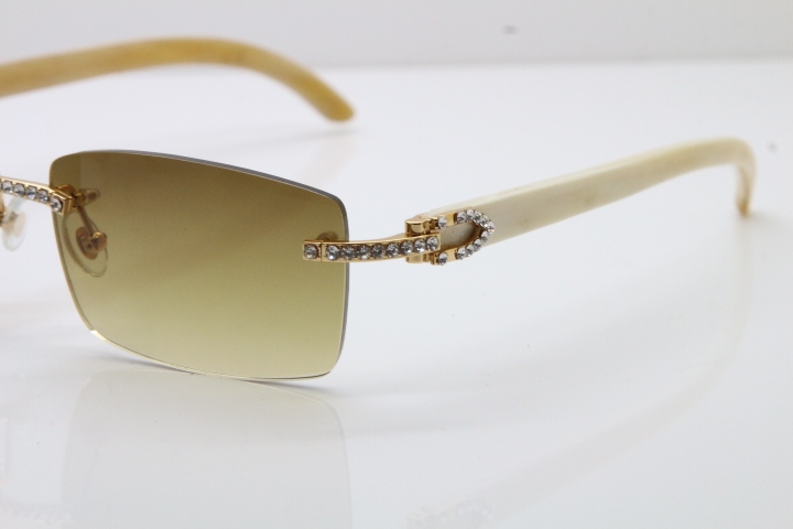 2018 New Cartier Rimless Smaller Big Stones 3524012A Original White Buffalo Horn Sunglasses in Gold Brown Lens