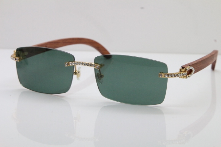 2018 New Cartier Rimless Smaller Big Stones 3524012A Original Carved Wood Trimming Lens Sunglasses in Gold Brown Lens