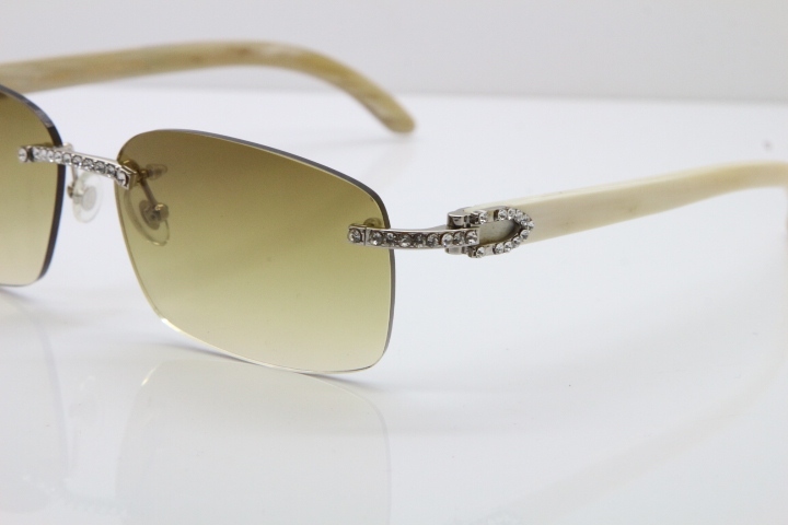 2018 New Cartier Rimless Smaller Big Stones 8200759A Original White Genuine Buffalo Horn Sunglasses in Gold Brown Lens