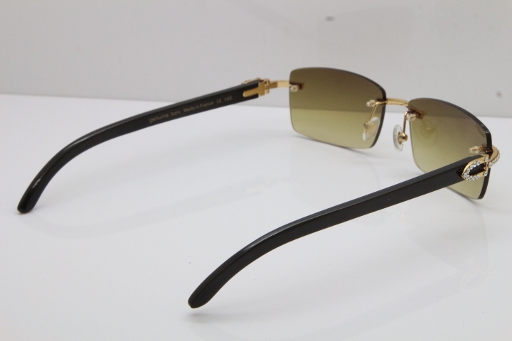 2018 New Cartier Rimless Smaller Big Stones 3524012A Original Black Buffalo Horn Sunglasses in Gold Brown Lens