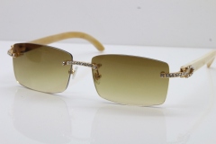 2018 New Cartier Rimless Smaller Big Stones 3524012A Original White Buffalo Horn Sunglasses in Gold Brown Lens