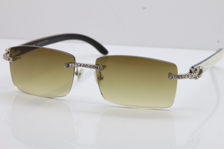 2018 New Cartier Rimless Smaller Big Stones 3524012A Original Black White Buffalo Horn Sunglasses in Gold Brown Lens （Limited edition）