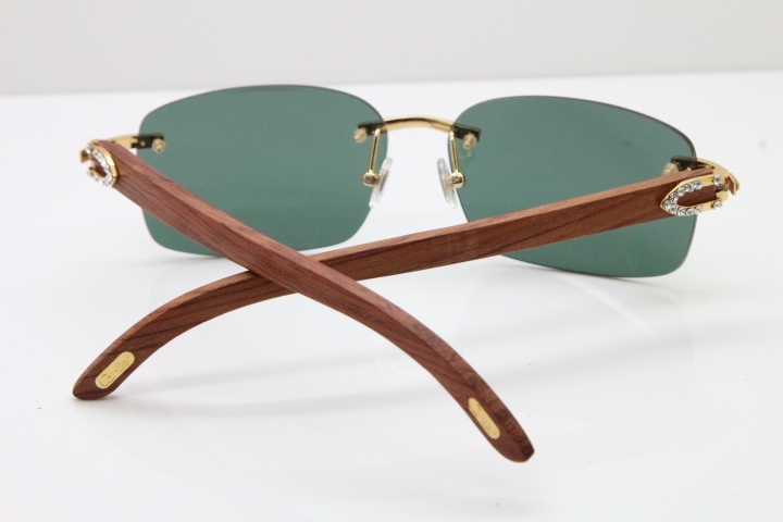 2018 New Cartier Rimless Smaller Big Stones 8200759A Original Wood Sunglasses in Gold Dark Lens