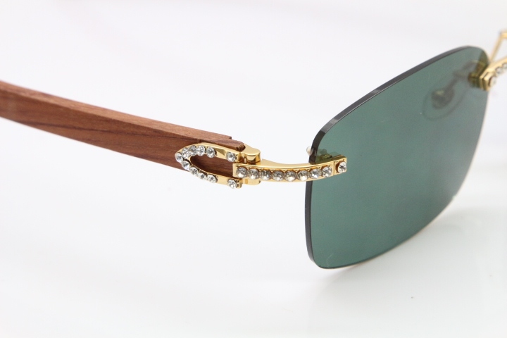 2018 New Cartier Rimless Smaller Big Stones 8200759A Original Wood Sunglasses in Gold Dark Lens