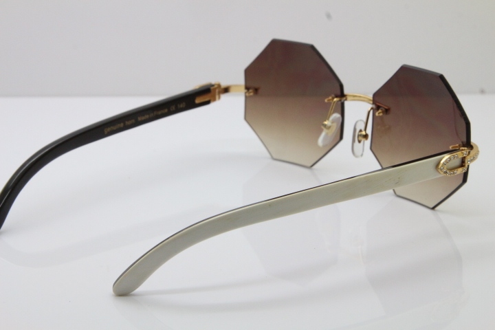 Cartier Rimless Smaller Big Stones 4189706 White Black Buffalo Horn Sunglasses in Gold Brown Lens