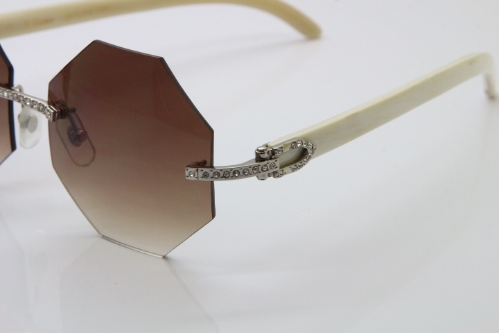 Limited edition Cartier Rimless Sun Glasses luxury brand Diamond 4189706 White Genuine horn Sunglasses in Gold Brown Lens