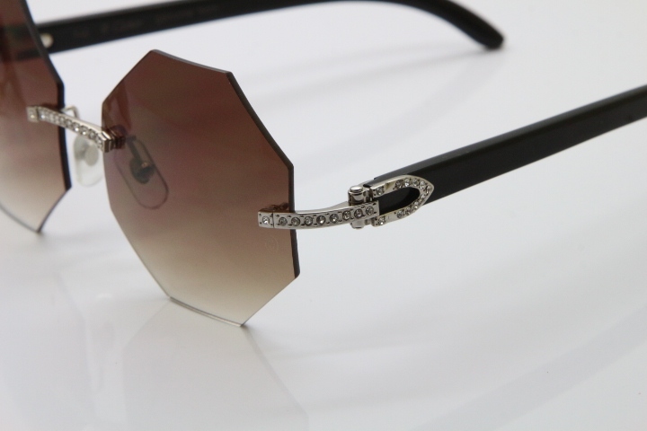 Cartier Rimless Smaller Big Stones 4189706 Black Buffalo Horn Sunglasses in Silver Brown Lens