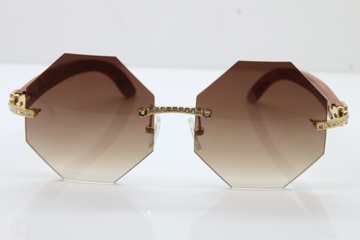 Wholesale High-end brand Cartier Rimless Smaller Big Stones 4189706 Wood Sunglasses in Gold Brown Lens