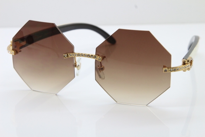 Cartier Rimless Smaller Big Stones 4189706 White Black Buffalo Horn Sunglasses in Gold Brown Lens