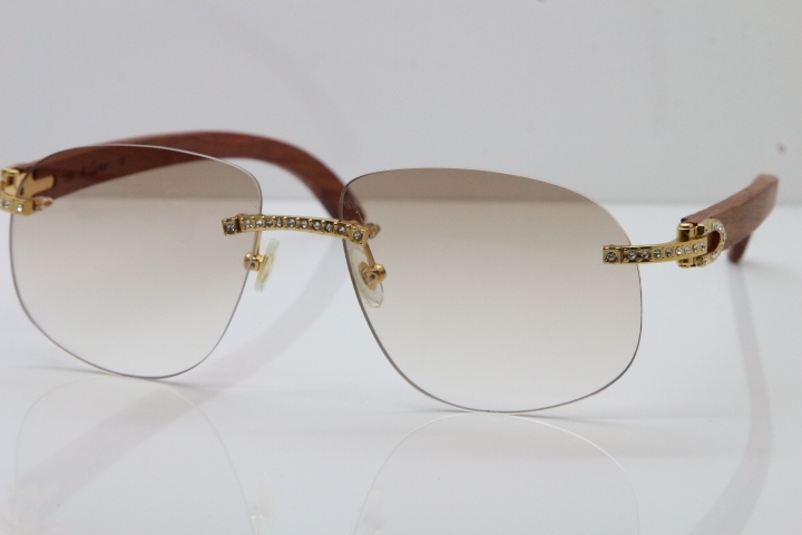 Cartier Rimless Smaller Big Stones T8100928 Wood Sunglasses in Gold Brown Lens