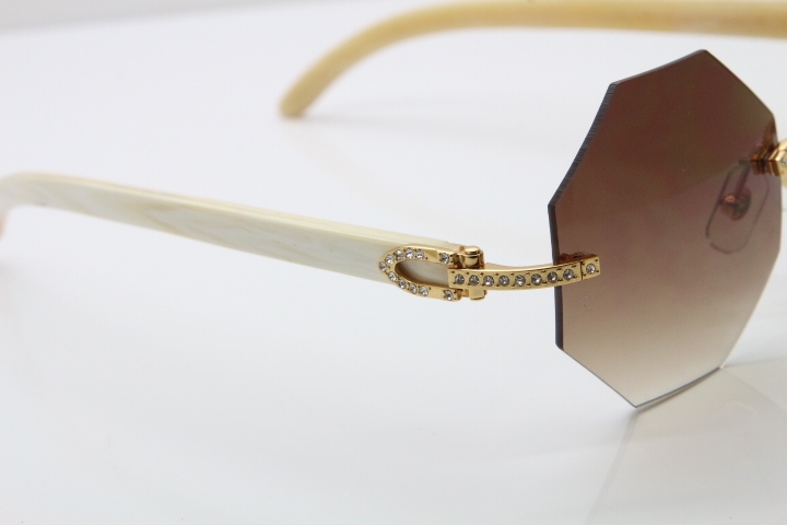 Limited edition Cartier Rimless Sun Glasses luxury brand Diamond 4189706 White Genuine horn Sunglasses in Gold Brown Lens