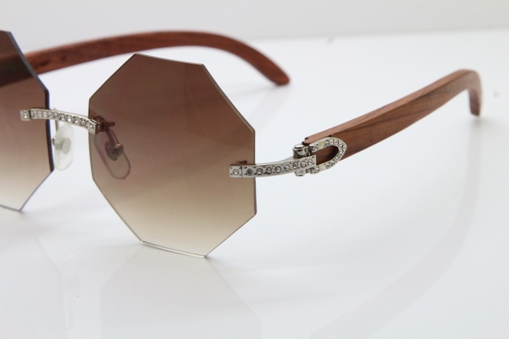 Wholesale High-end brand Cartier Rimless Smaller Big Stones 4189706 Wood Sunglasses in Gold Brown Lens