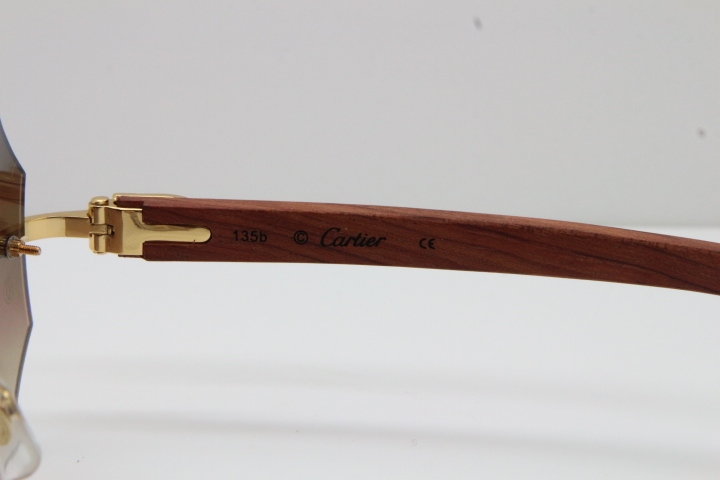 Wholesale High-end brand Cartier Rimless Smaller Big Stones 4189706 Wood Sunglasses in Gold Brown Lens