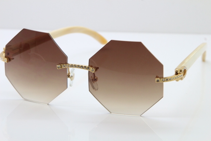 Limited edition Cartier Rimless Sun Glasses luxury brand Diamond 4189706 White Genuine horn Sunglasses in Gold Brown Lens