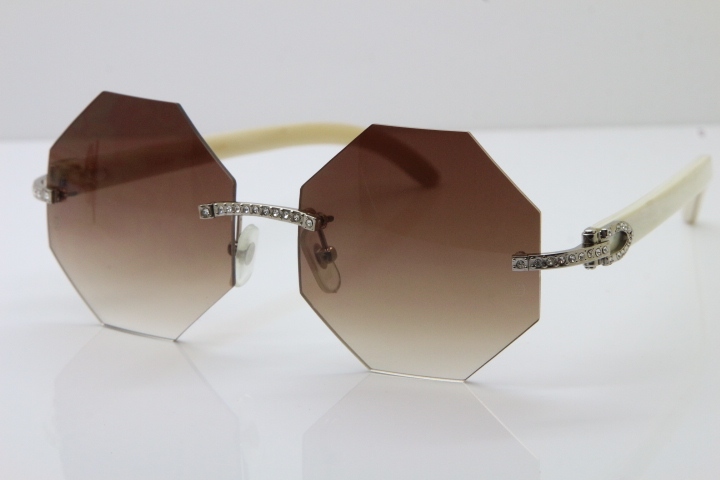 Limited edition Cartier Rimless Sun Glasses luxury brand Diamond 4189706 White Genuine horn Sunglasses in Gold Brown Lens