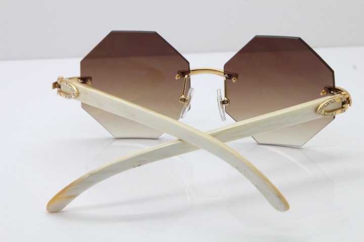 Limited edition Cartier Rimless Sun Glasses luxury brand Diamond 4189706 White Genuine horn Sunglasses in Gold Brown Lens