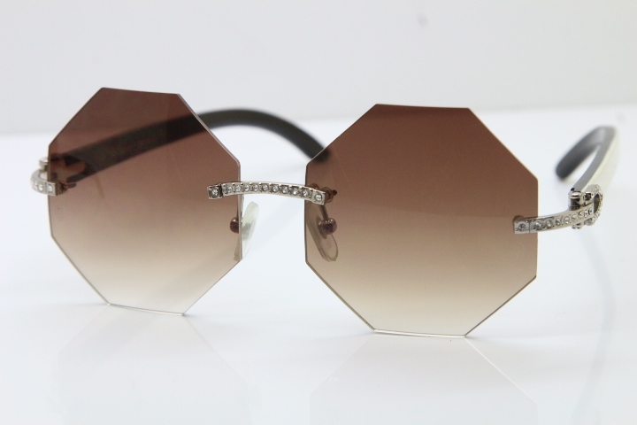 Cartier Rimless Smaller Big Stones 4189706 White Black Buffalo Horn Sunglasses in Gold Brown Lens