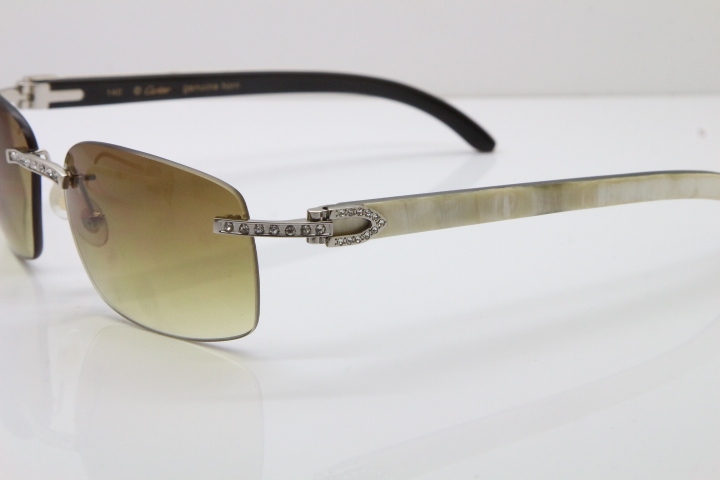 Cartier Rimless Smaller Big Stones T8200497 Black Mix WHite Buffalo Horn Sunglasses in Gold Brown Lens