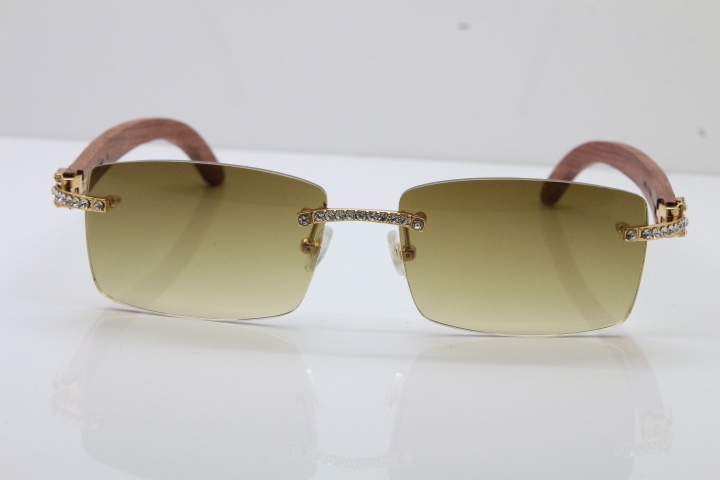 2018 New Cartier Rimless Smaller Big Stones 3524012A Original Carved Wood Trimming Lens Sunglasses in Gold Brown Lens