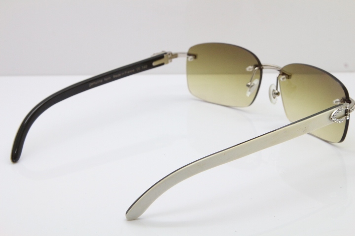 2018 New Cartier Rimless Smaller Big Stones 8200759A Original Black Mix White Buffalo Horn Sunglasses in Gold Brown Lens