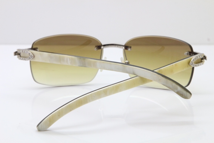 Cartier Rimless Smaller Big Stones T8200497 Black Mix WHite Buffalo Horn Sunglasses in Gold Brown Lens