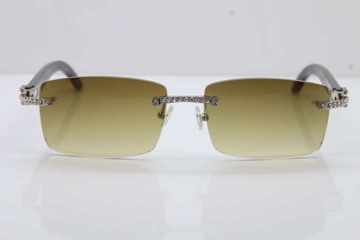 2018 New Cartier Rimless Smaller Big Stones 3524012A Original Black Buffalo Horn Sunglasses in Gold Brown Lens